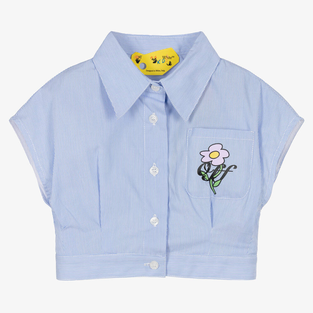 Off-White - قميص قصير قطن بوبلين مقلم لون أزرق وأبيض | Childrensalon
