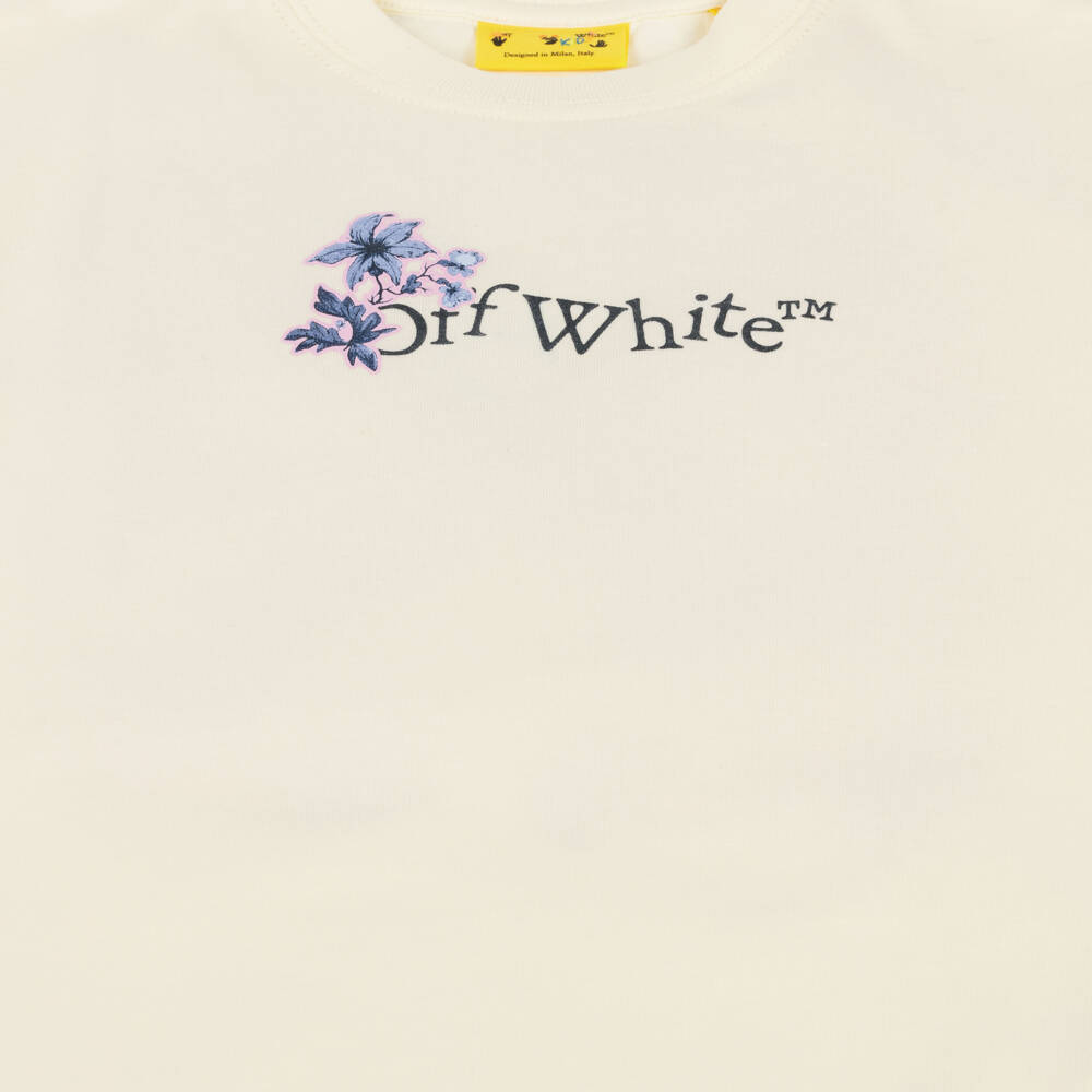 Off-White-Girls Cream Floral Emblem Cotton Tee | Childrensalon Outlet