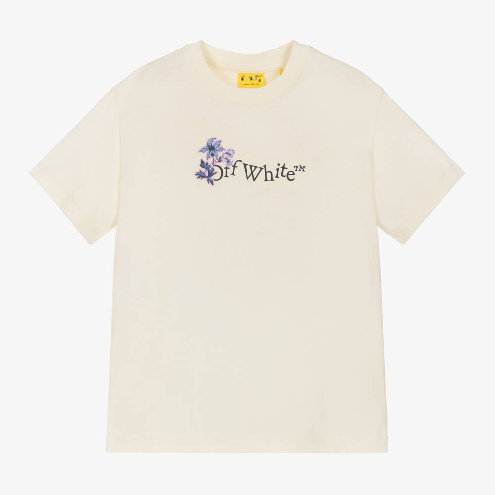 Off-White-Girls Cream Floral Emblem Cotton Tee | Childrensalon Outlet