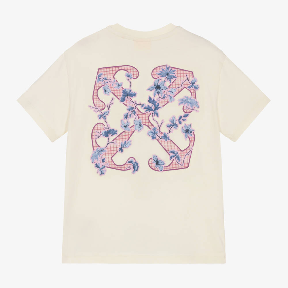 Off-White-Girls Cream Floral Emblem Cotton Tee | Childrensalon Outlet