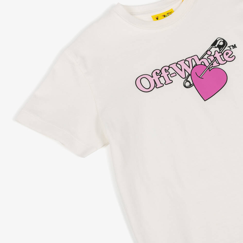 Off-White-Girls Ivory Cotton Pop Heart Logo T-Shirt | Childrensalon Outlet