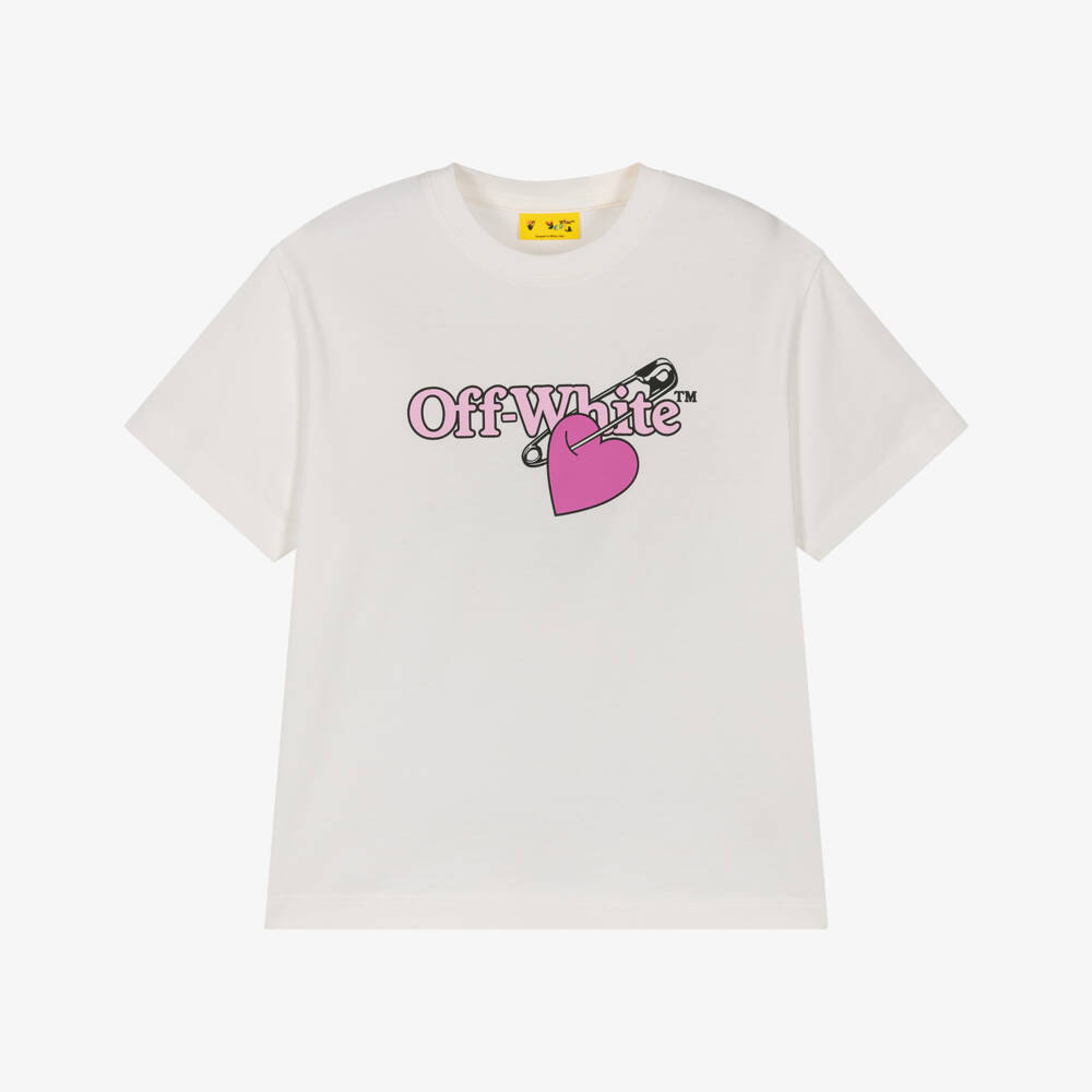 Off-White-Girls Ivory Cotton Pop Heart Logo T-Shirt | Childrensalon Outlet