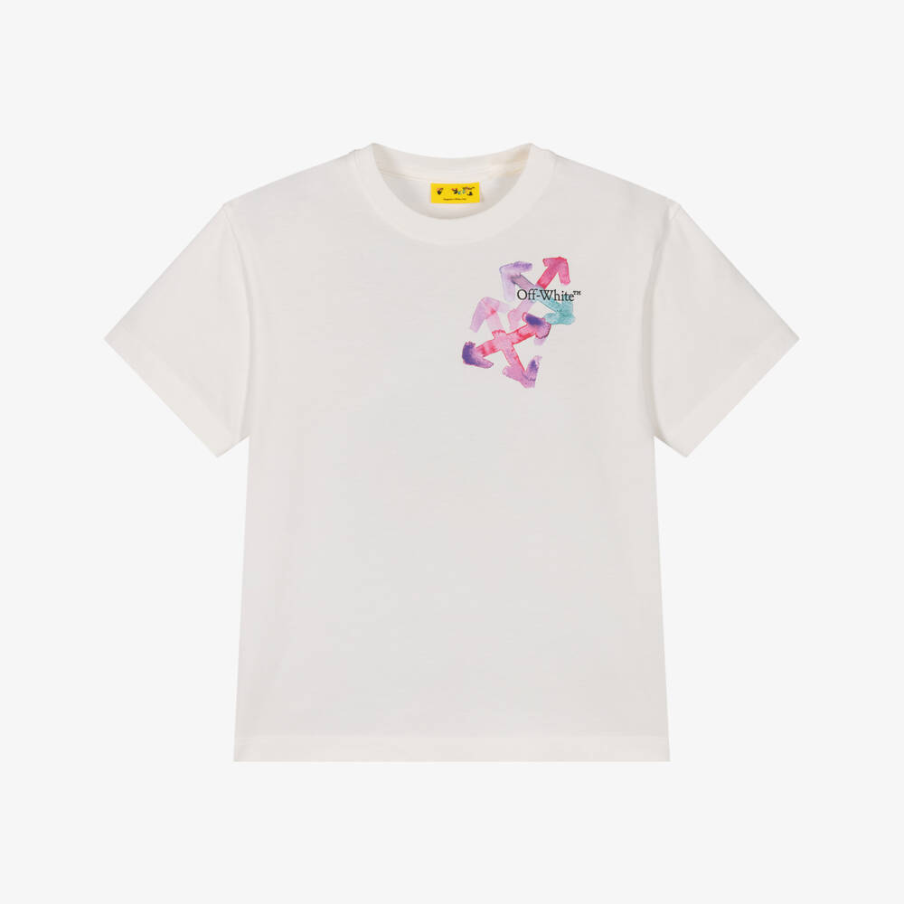 Off-White-Girls Ivory Cotton Watercolour Arrows T-Shirt | Childrensalon Outlet