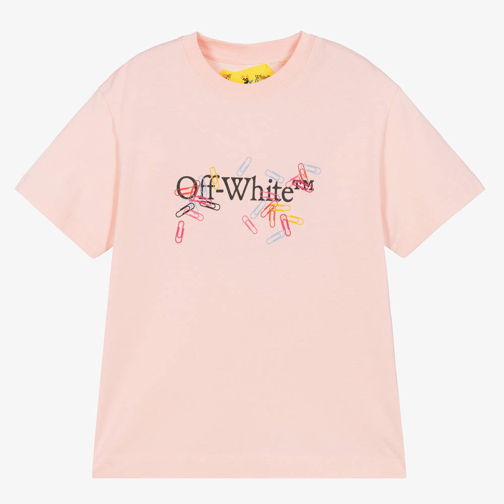 Off-White - Girls Pink Cotton Paperclip T-Shirt | Childrensalon