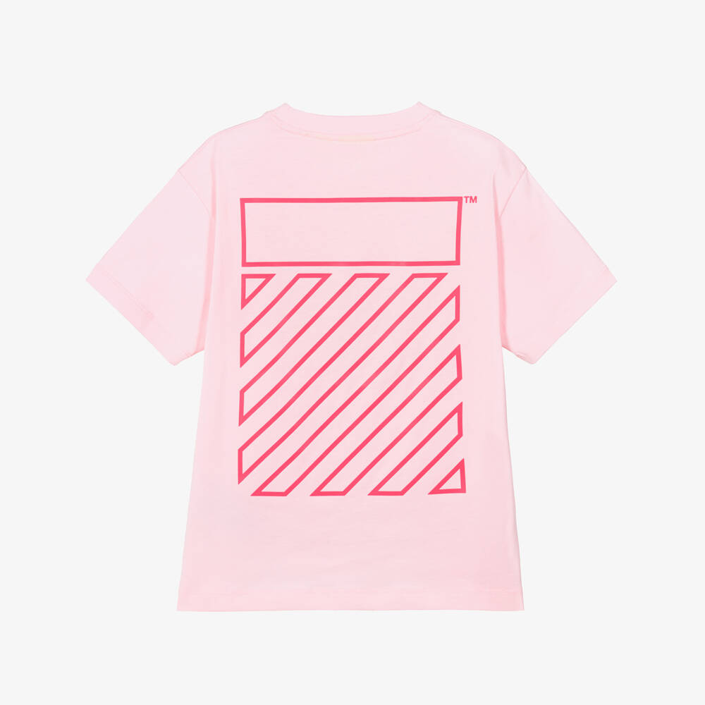 Off-White-Girls Pink Neon Diagonal Logo Cotton T-Shirt | Childrensalon Outlet