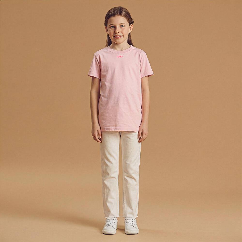Off-White-Girls Pink Neon Diagonal Logo Cotton T-Shirt | Childrensalon Outlet