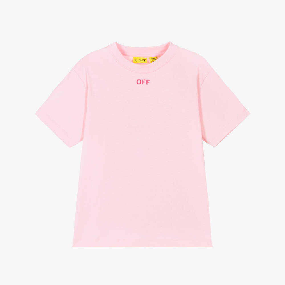 Off-White-Girls Pink Neon Diagonal Logo Cotton T-Shirt | Childrensalon Outlet