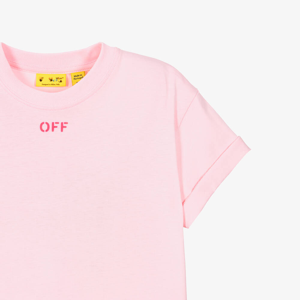 Off-White-Girls Pink Neon Diagonal Logo Cotton T-Shirt | Childrensalon Outlet