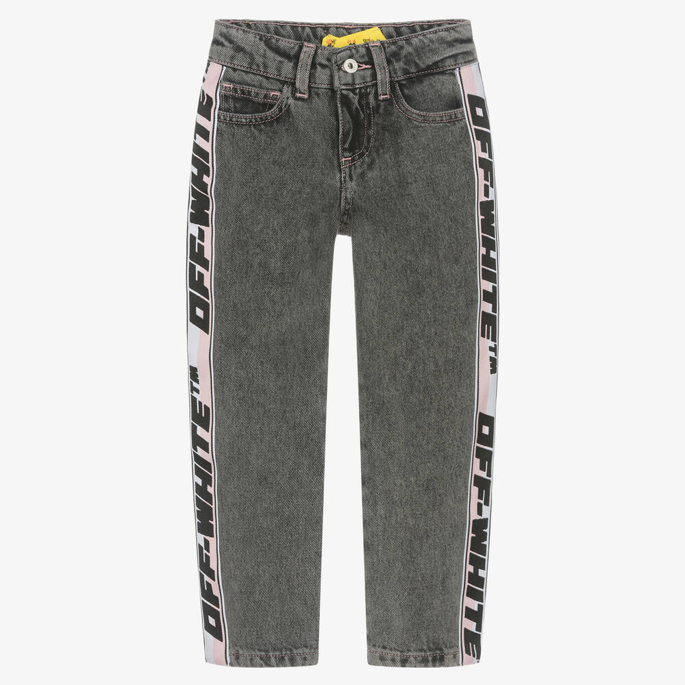 Off-White - Girls Washed Black Off-White Band Jeans | Childrensalon