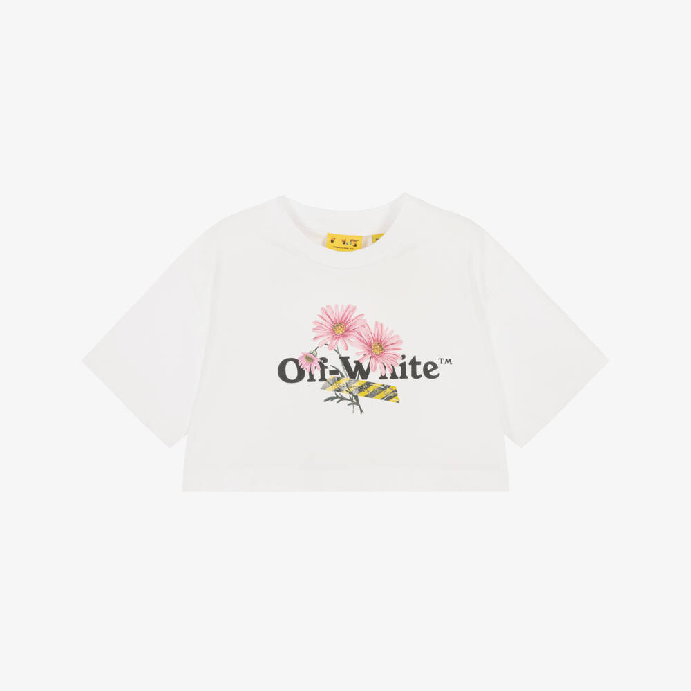 Off-White-Girls White Daisy Logo Cropped T-Shirt | Childrensalon Outlet