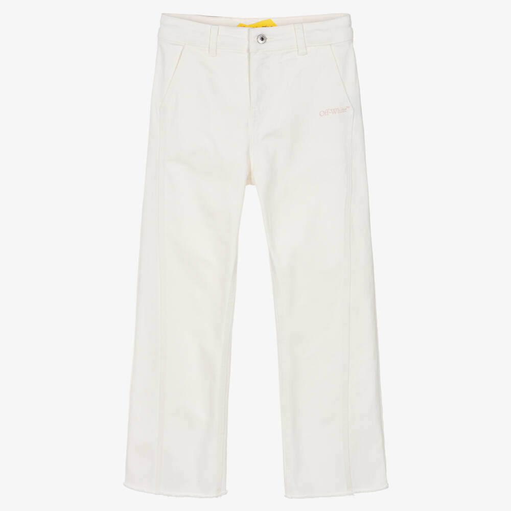 Off-White-Girls White Denim Jeans with Pink Diagonals | Childrensalon Outlet