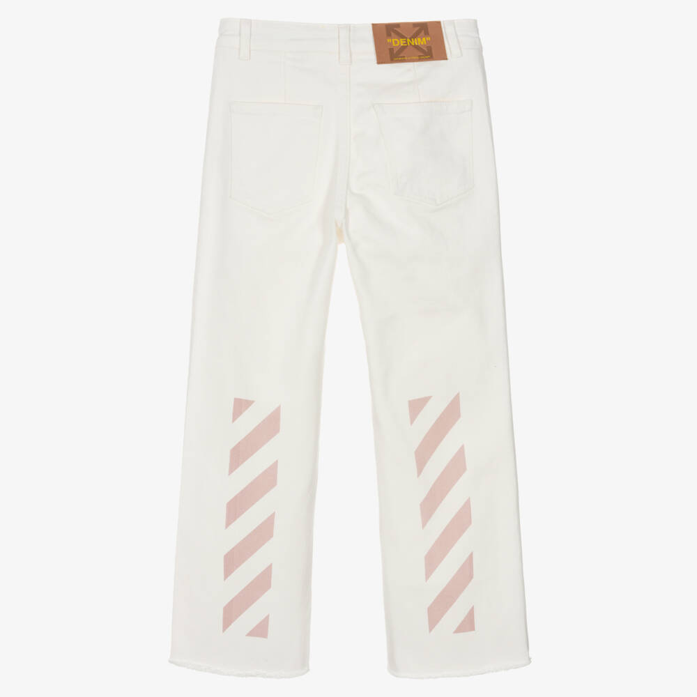 Off-White-Girls White Denim Jeans with Pink Diagonals | Childrensalon Outlet