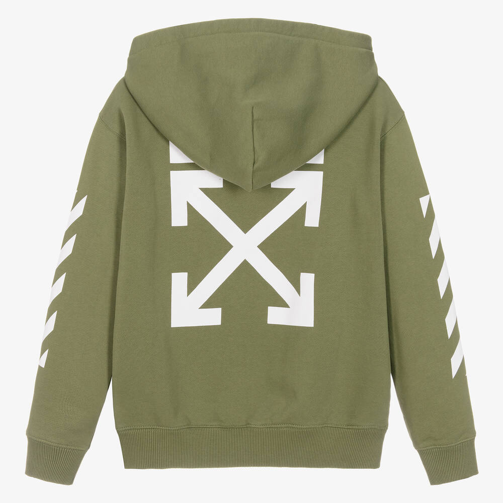 Off White Teen Boys Green Cotton Zip Up Hoodie Childrensalon