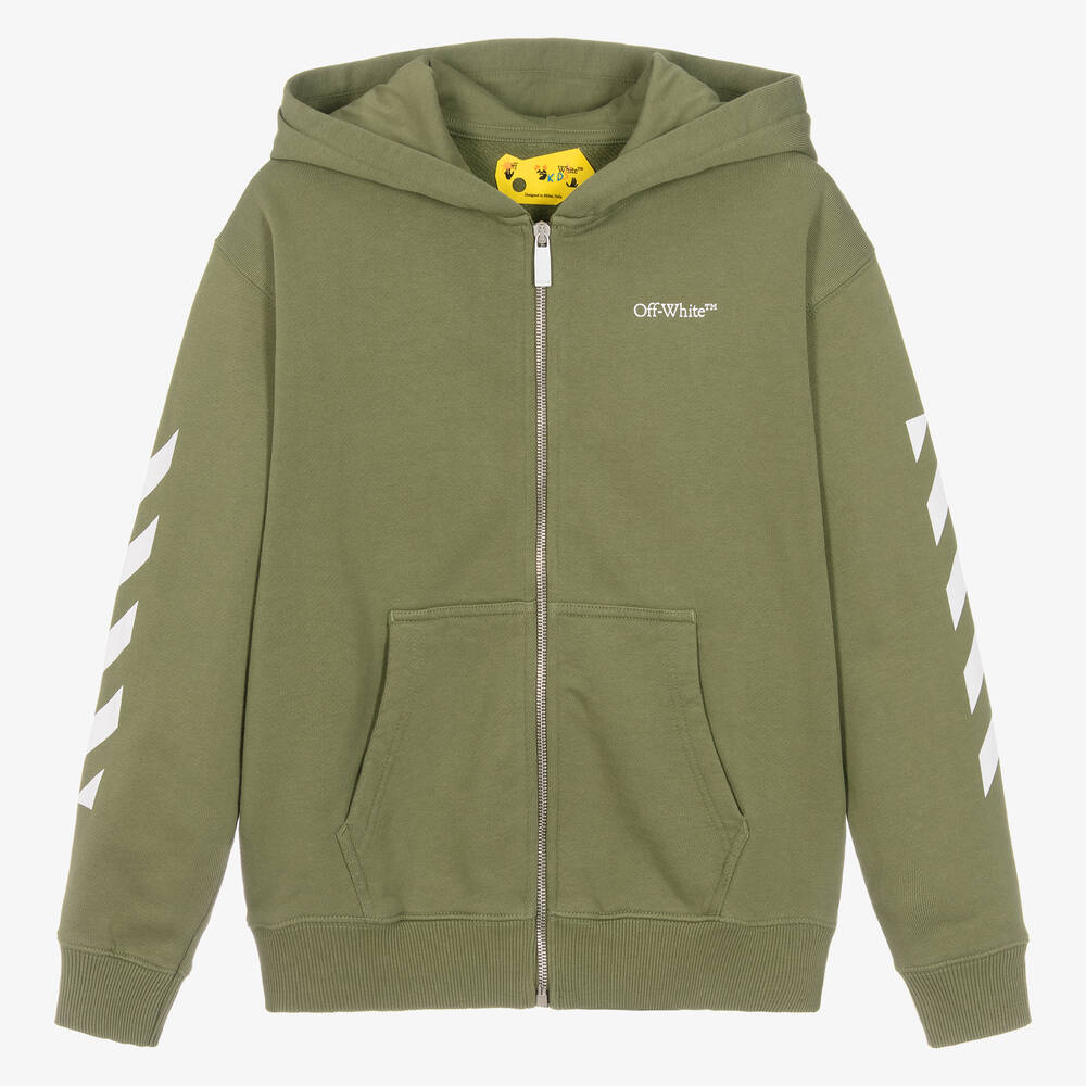 Off White Teen Boys Green Cotton Zip Up Hoodie Childrensalon Outlet