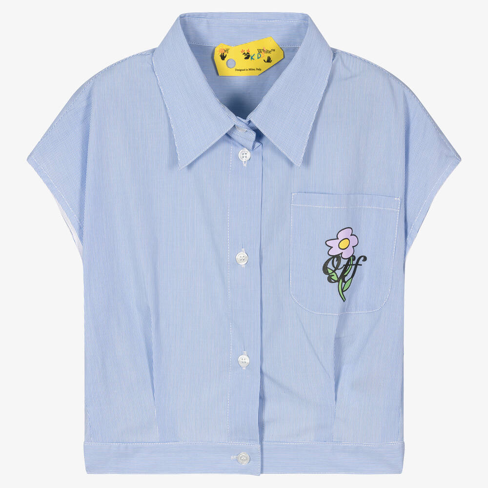 Off-White - قميص تينز بناتي قطن بوبلين مقلم لون أزرق وأبيض | Childrensalon