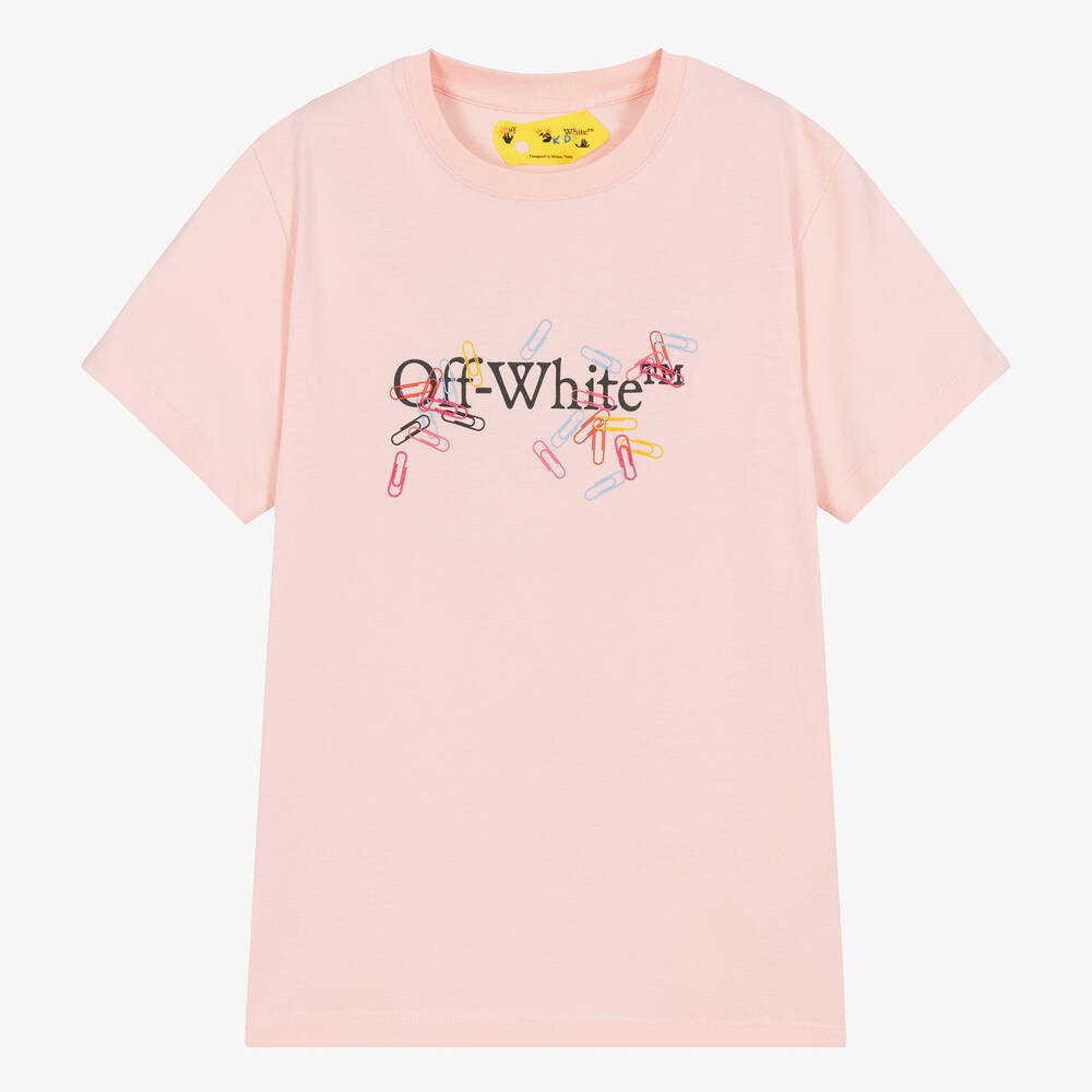 Off-White - Розовая хлопковая футболка со скрепками | Childrensalon