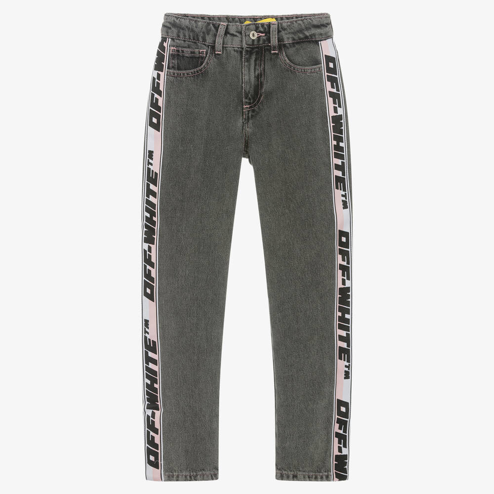 Off-White - Jean noir délavé bandes blanc cassé | Childrensalon