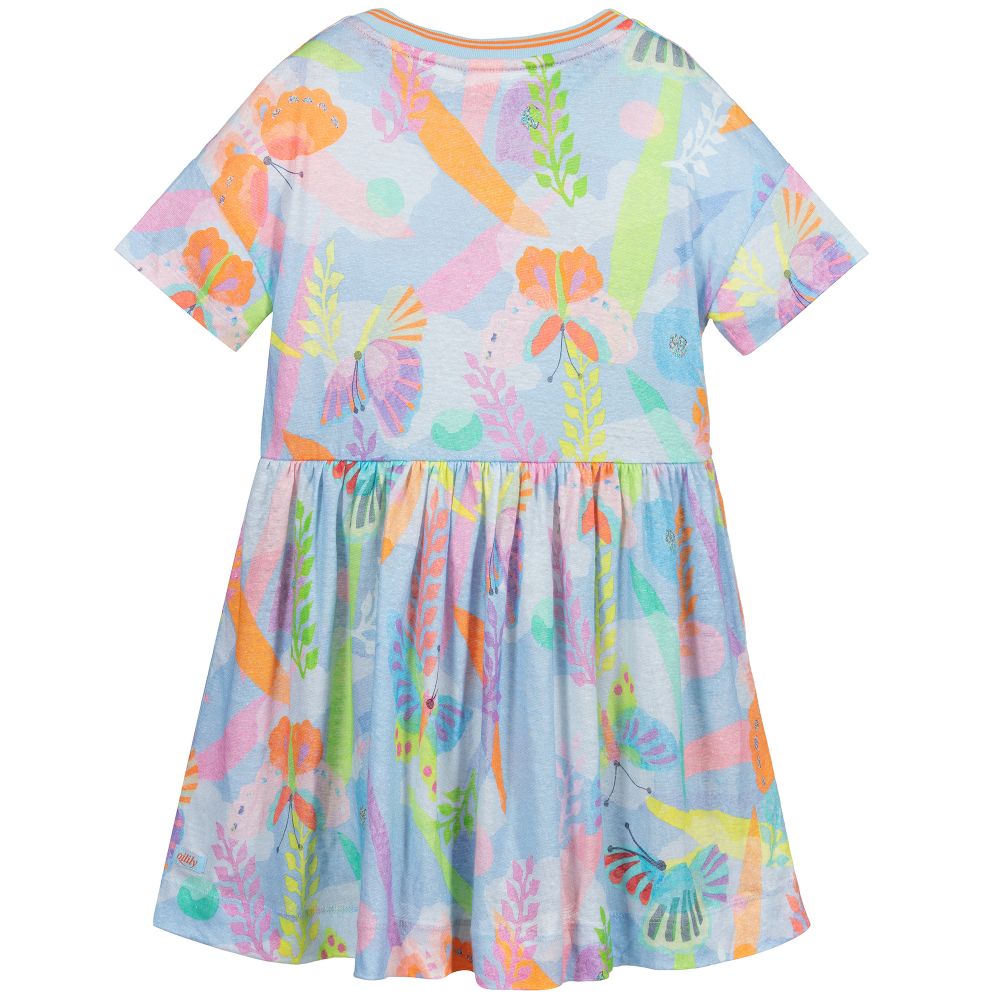 Oilily-فستان كتّان لون أزرق بطبعة فراشات | Childrensalon Outlet