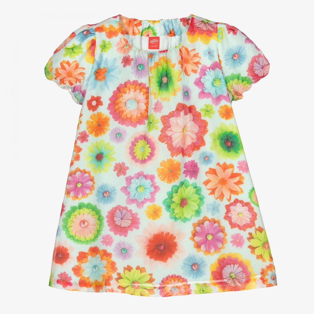 Oilily - Голубое шелковое платье с цветами для девочек | Childrensalon
