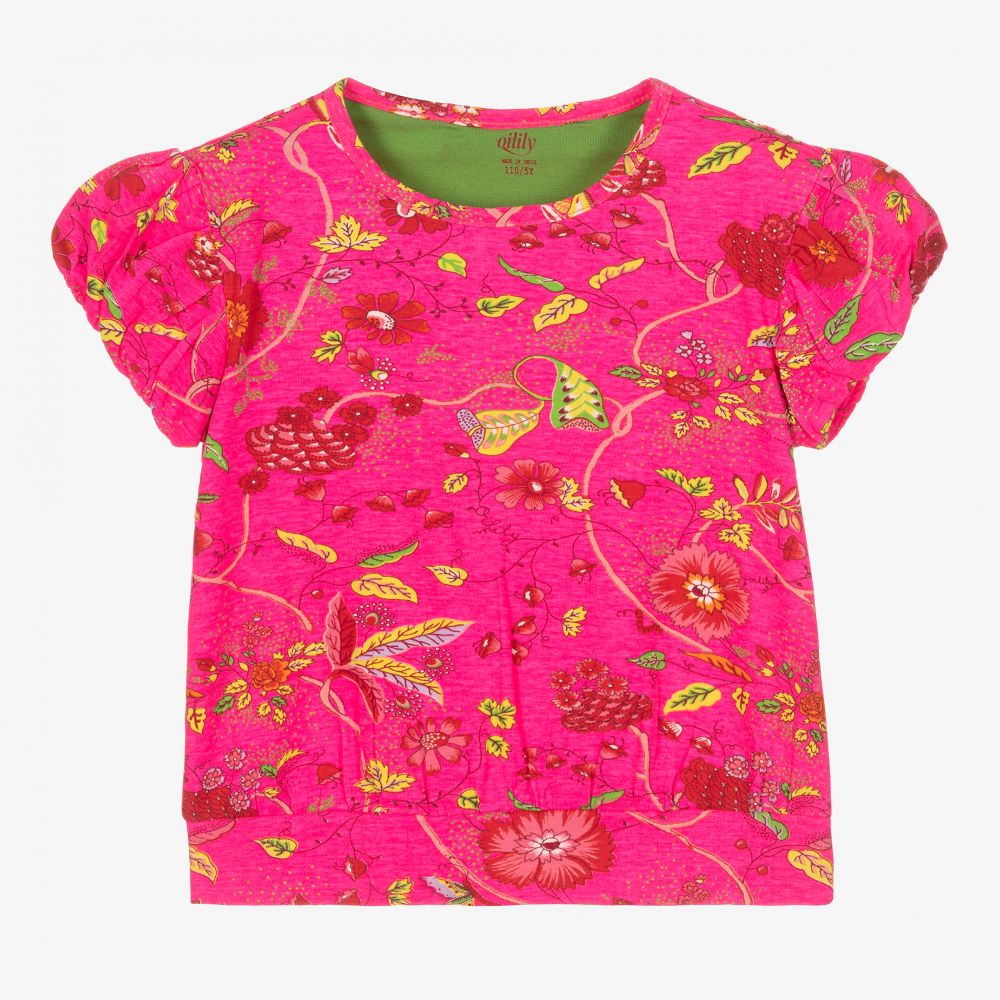 Oilily - Girls Neon Pink Floral T-Shirt | Childrensalon