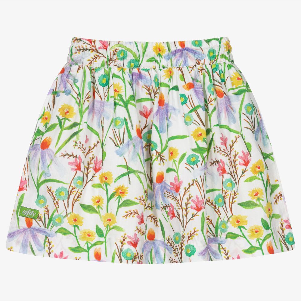 Oilily-Белая льняная юбка в цветочек для девочек | Childrensalon Outlet