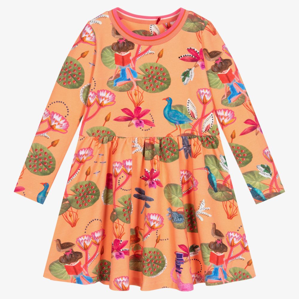Oilily - فستان قطن جيرسي لون برتقالي بطبعة ورود | Childrensalon
