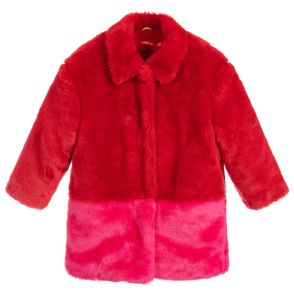 Oilily - Manteau rose et rouge en fausse fourrure | Childrensalon