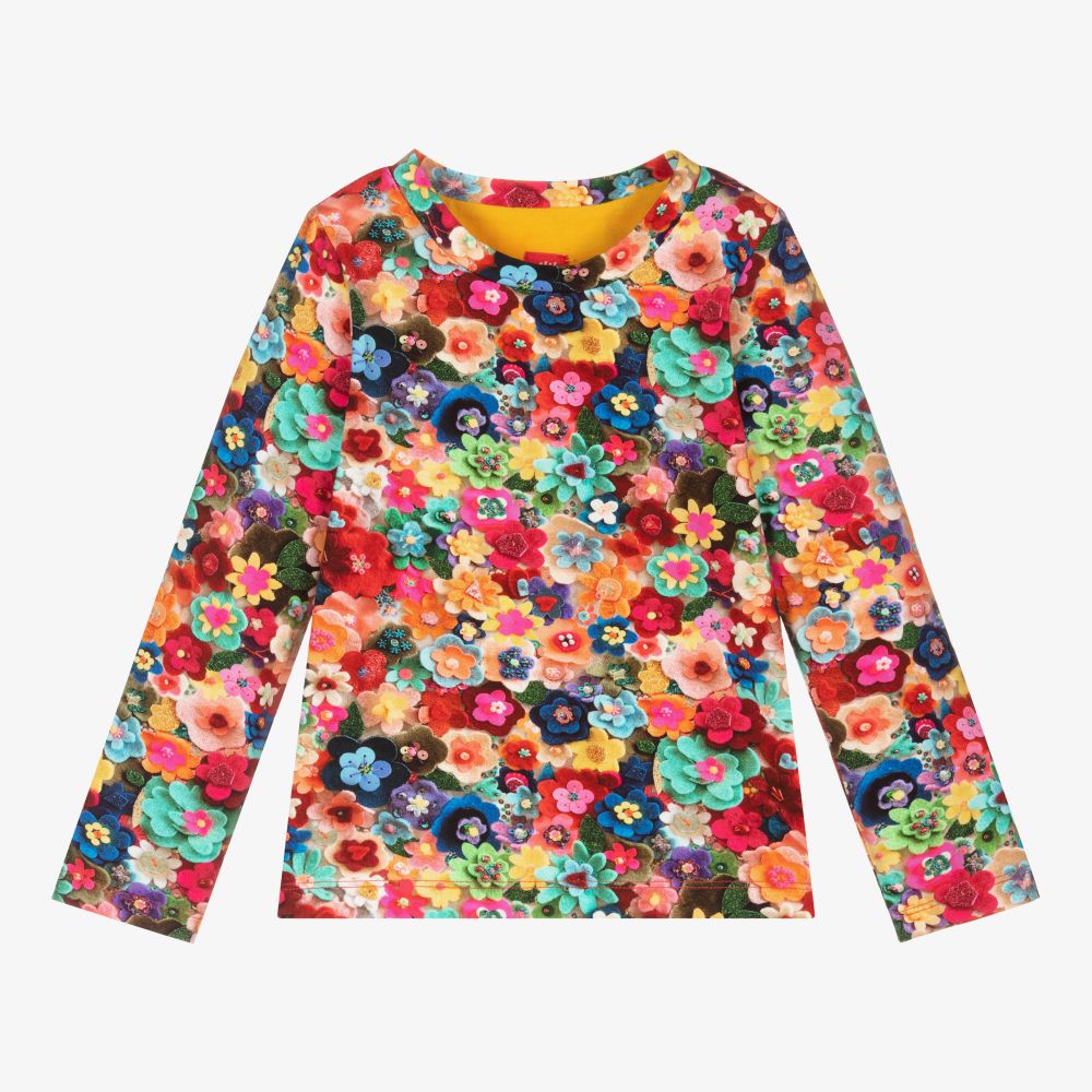 Oilily-توب قطن عضوي جيرسي لون أحمر وأزرق بطبعة ورود للبنات | Childrensalon Outlet
