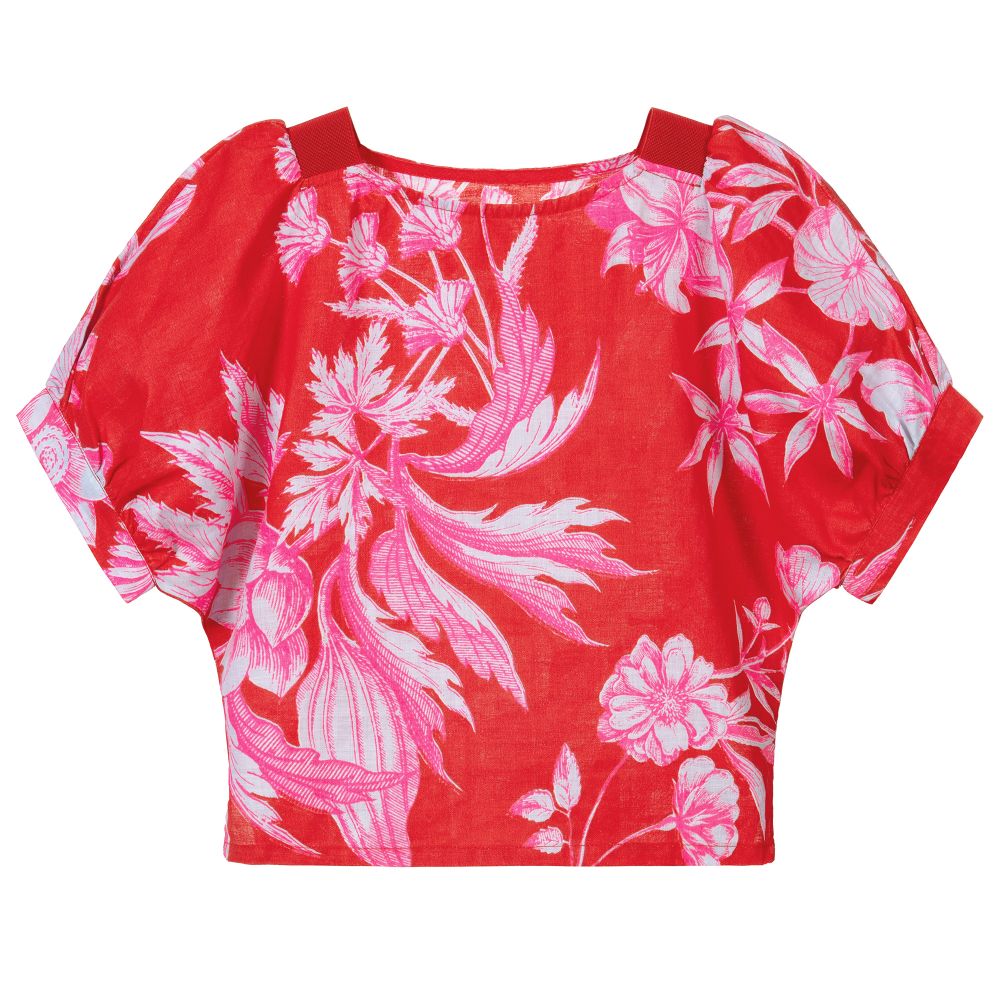 Oilily - Blouse fleurie rouge et rose en lin | Childrensalon