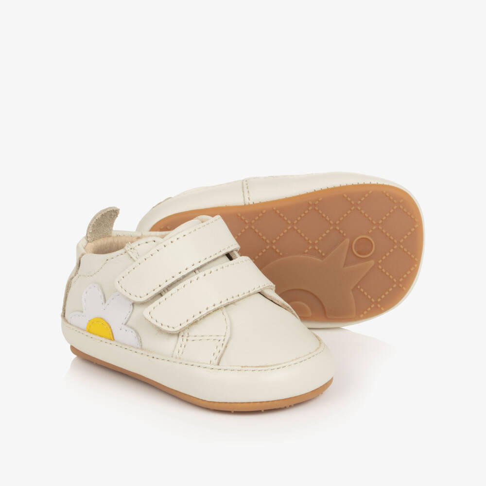 Old Soles-Baby Girls Ivory Pre-Walker Trainers with Daisy Motif | Childrensalon Outlet