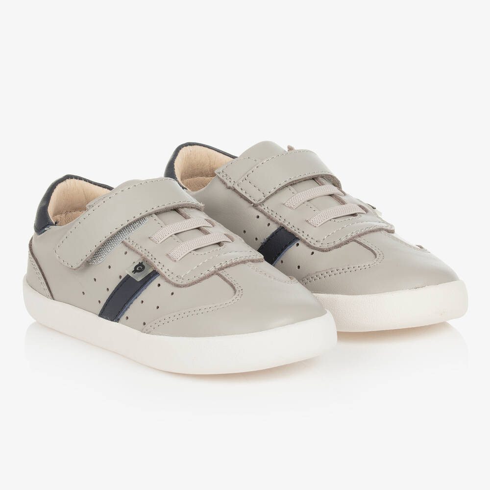 Boys Grey Navy Blue Leather Trainers