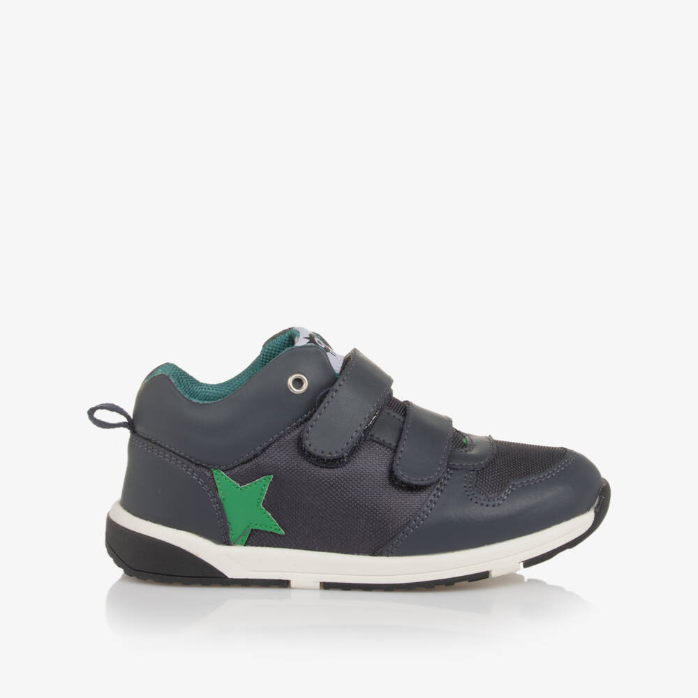 Old Soles-Boys Navy Blue Leather Velcro Trainers with Green Star | Childrensalon Outlet