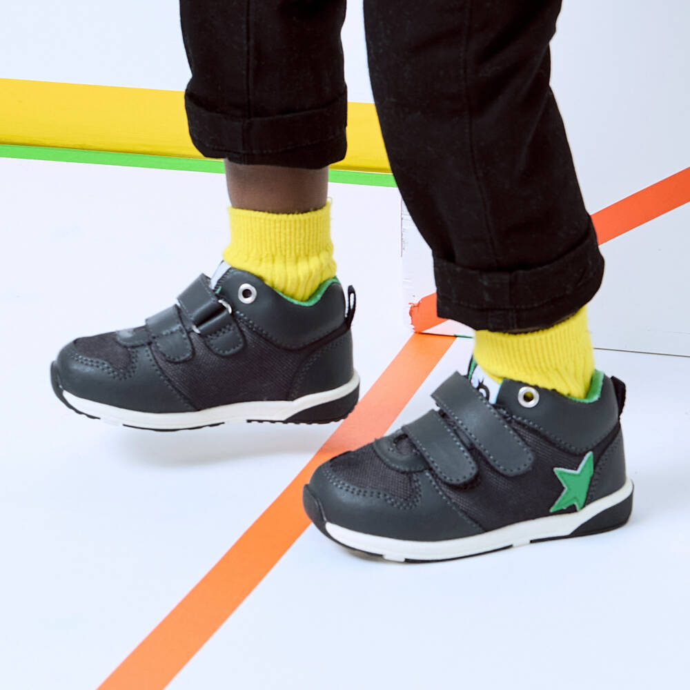 Old Soles-Boys Navy Blue Leather Velcro Trainers with Green Star | Childrensalon Outlet