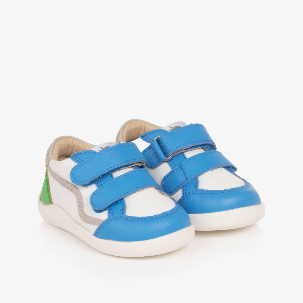 Old Soles-Boys White & Blue Leather First Walker Trainers | Childrensalon Outlet