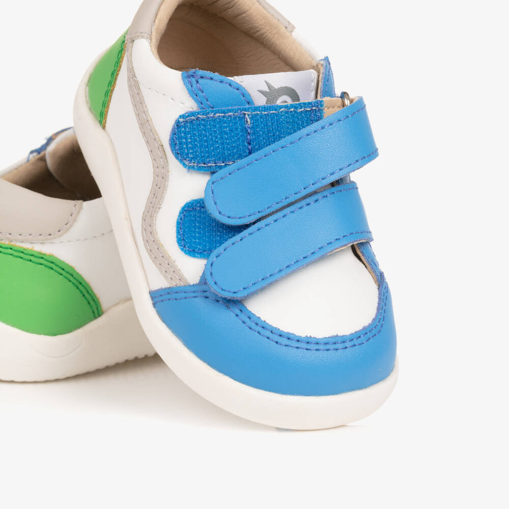 Old Soles-Boys White & Blue Leather First Walker Trainers | Childrensalon Outlet