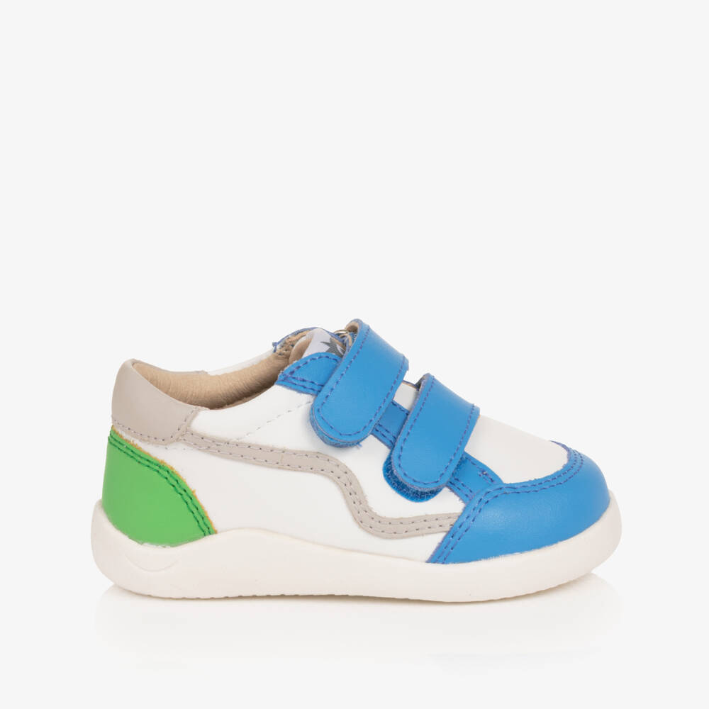 Old Soles-Boys White & Blue Leather First Walker Trainers | Childrensalon Outlet