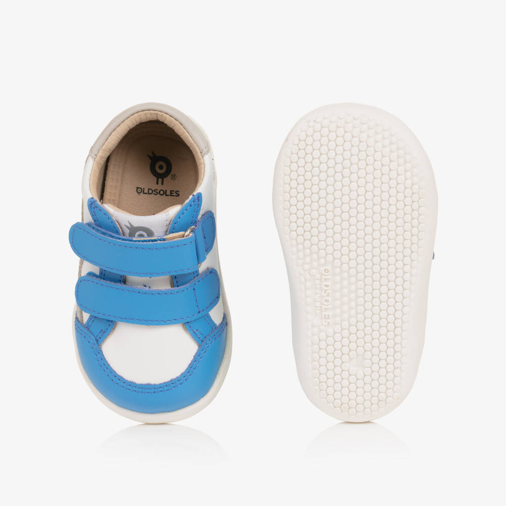 Old Soles-Boys White & Blue Leather First Walker Trainers | Childrensalon Outlet