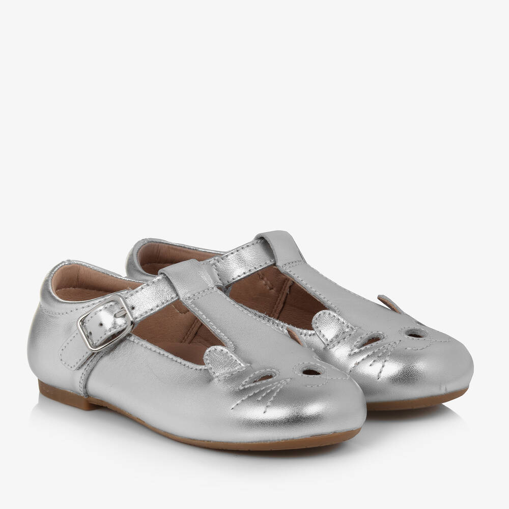 Girls Silver Leather Kitten Shoes