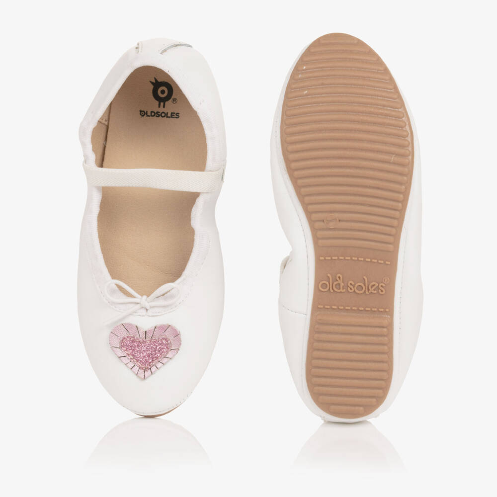 Old Soles-Girls White Leather Ballerina Flats with Glittery Heart | Childrensalon Outlet