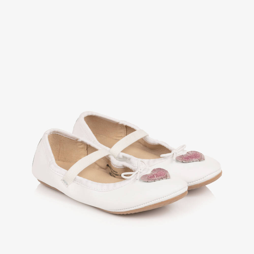 Old Soles-Girls White Leather Ballerina Flats with Glittery Heart | Childrensalon Outlet