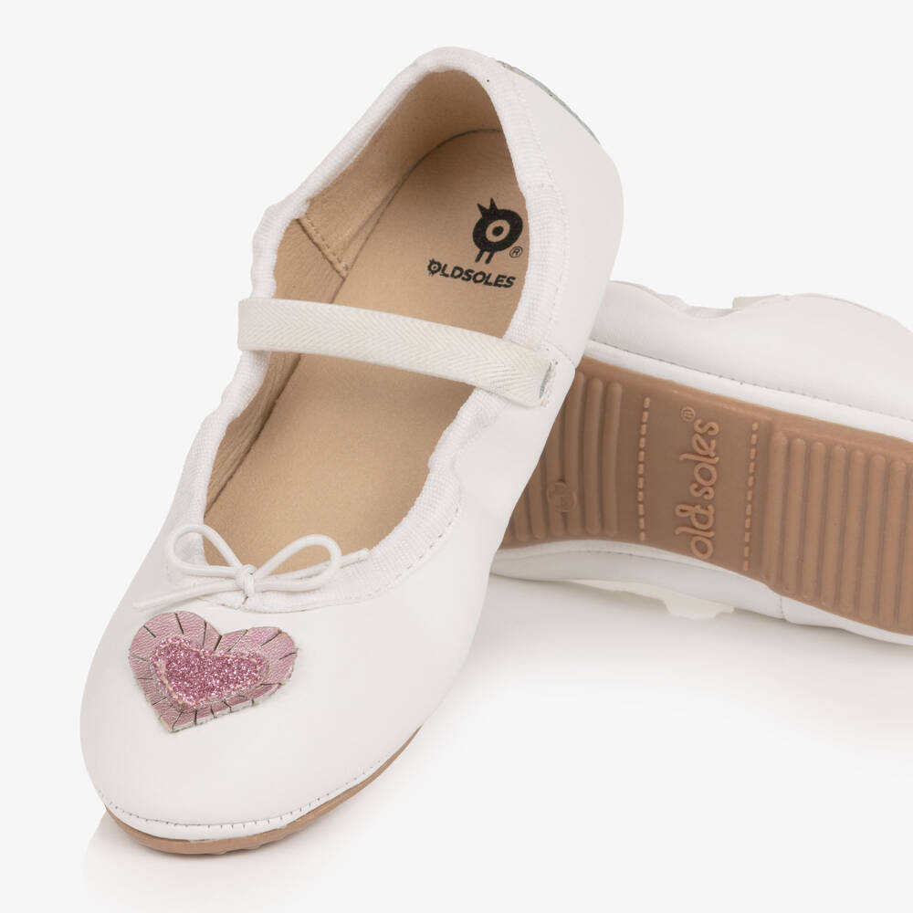 Old Soles-Girls White Leather Ballerina Flats with Glittery Heart | Childrensalon Outlet