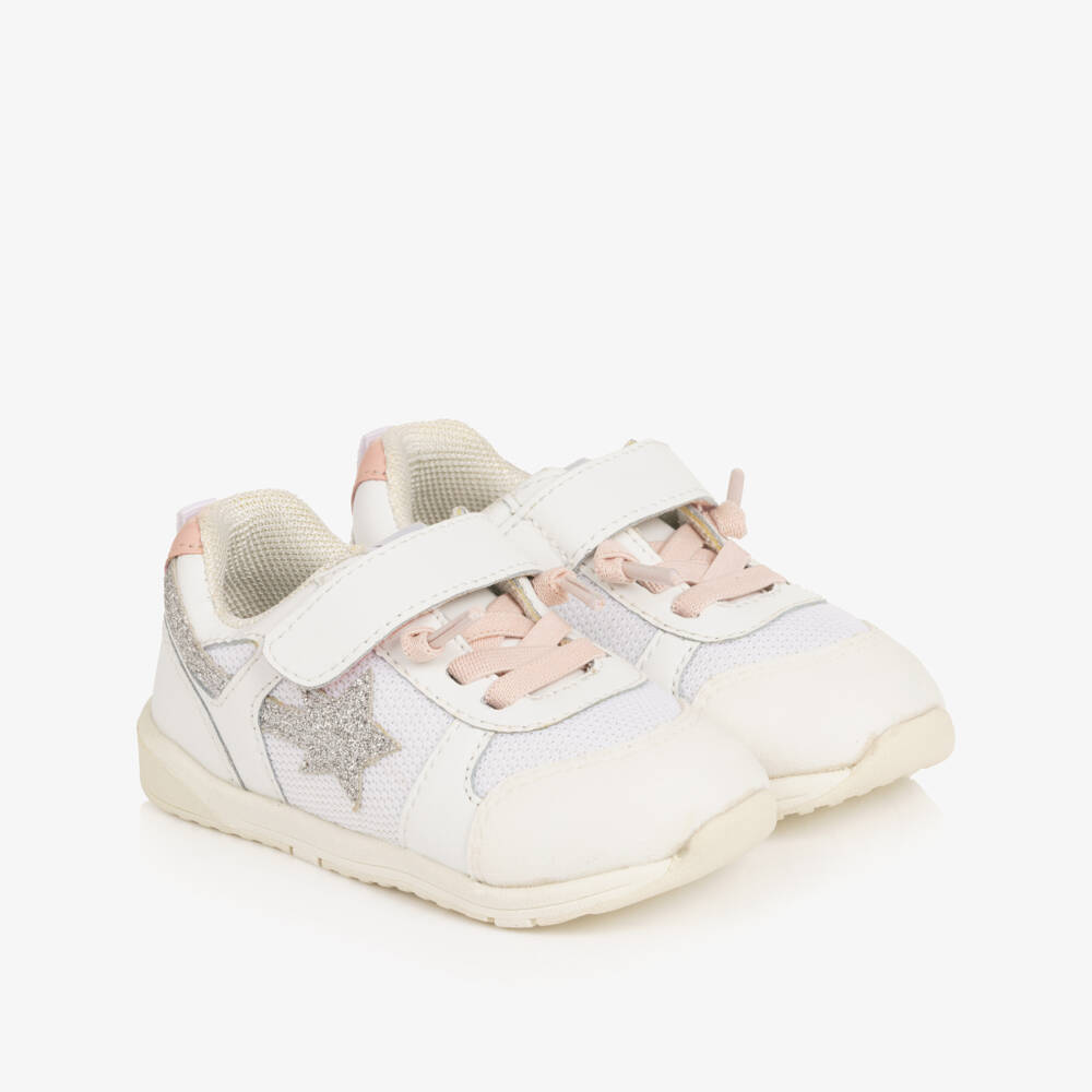 Old Soles-Girls White Leather & Mesh Trainers with Glitter Star | Childrensalon Outlet