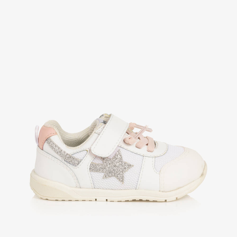 Old Soles-Girls White Leather & Mesh Trainers with Glitter Star | Childrensalon Outlet