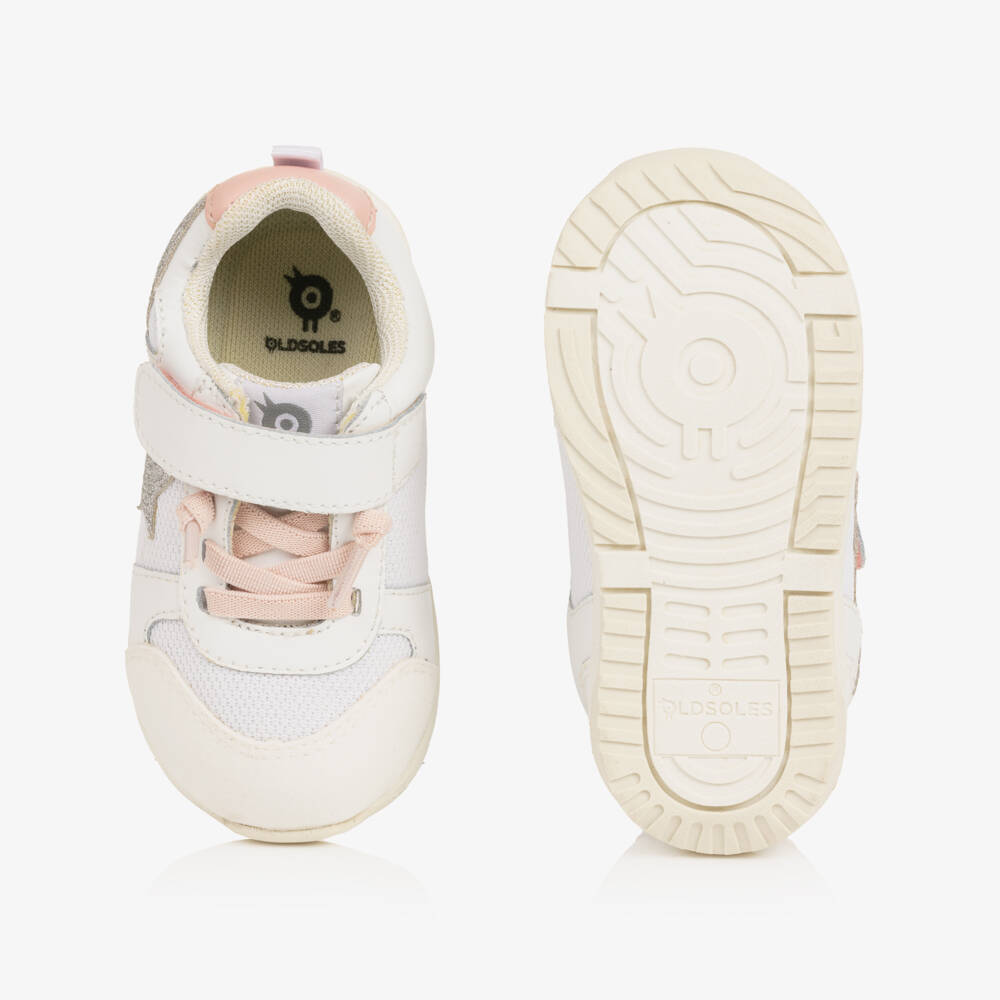 Old Soles-Girls White Leather & Mesh Trainers with Glitter Star | Childrensalon Outlet