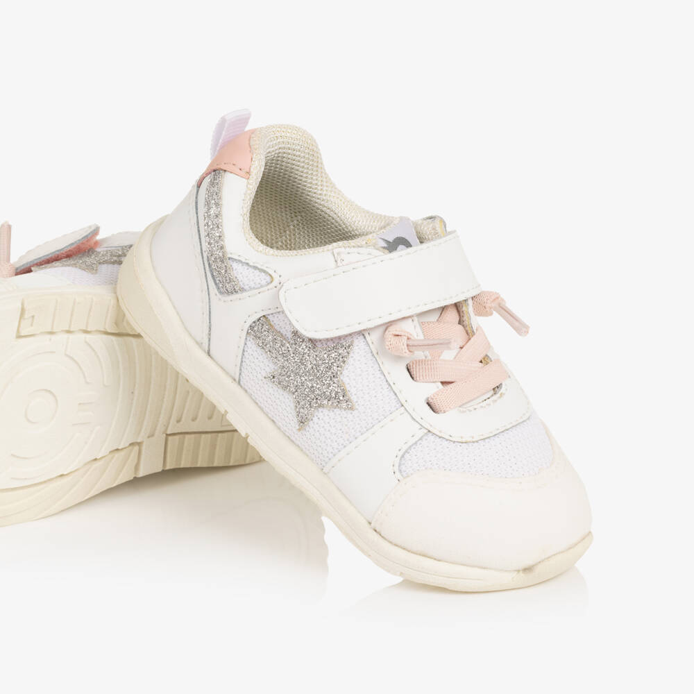 Old Soles-Girls White Leather & Mesh Trainers with Glitter Star | Childrensalon Outlet