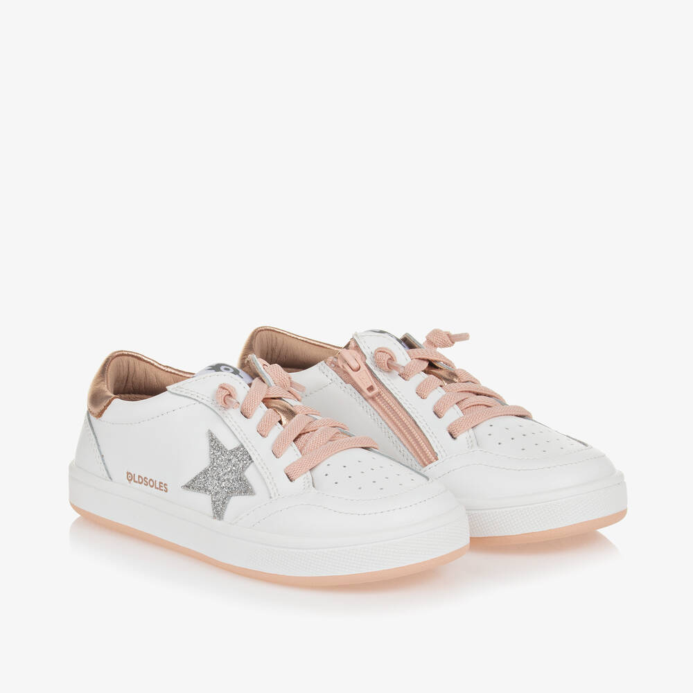 Girls White Rose Gold Leather Trainers