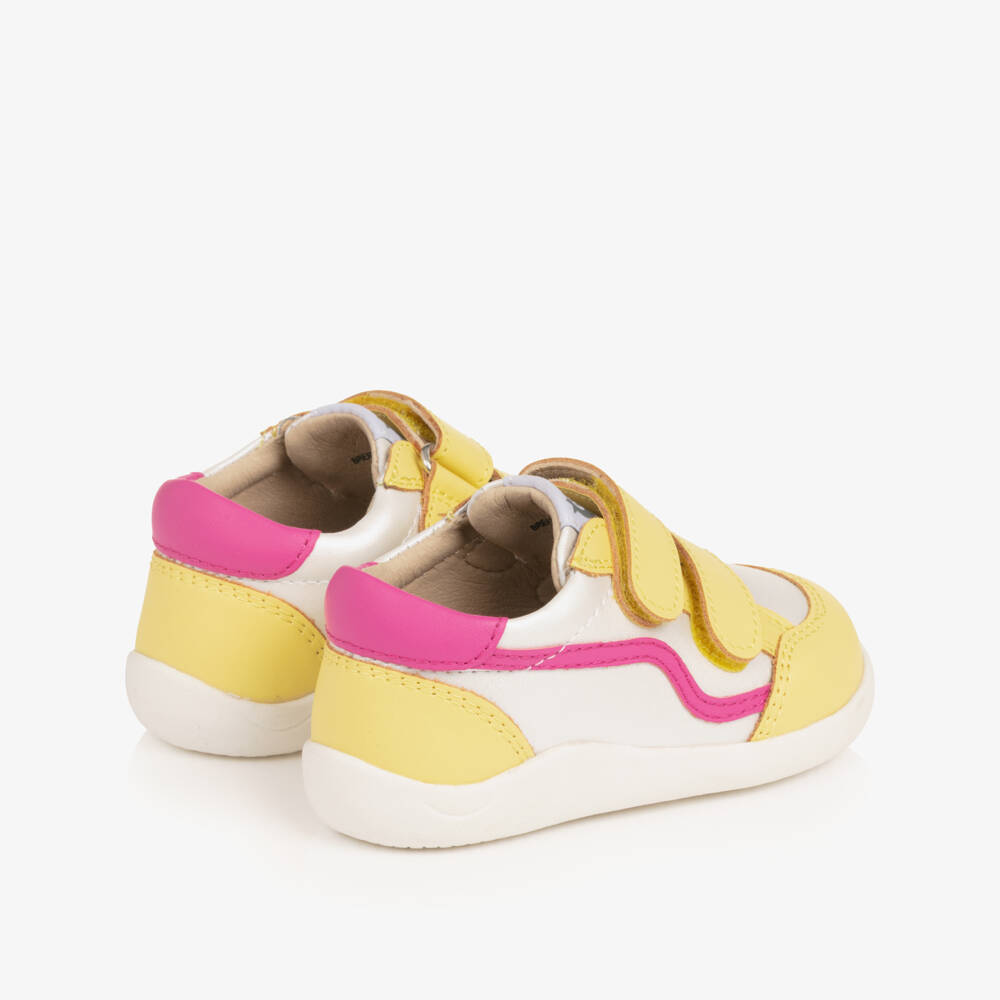 Old Soles-Girls White & Yellow Leather First Walker Trainers | Childrensalon Outlet