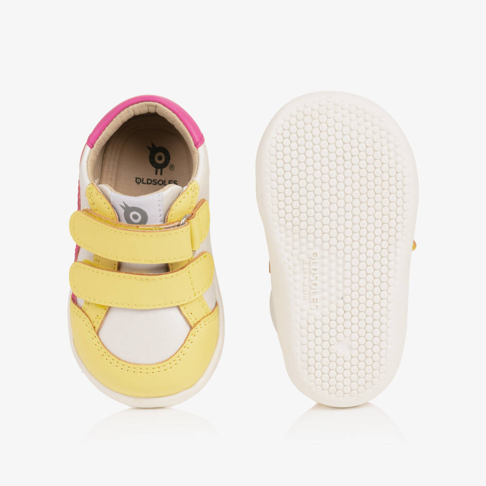 Old Soles-Girls White & Yellow Leather First Walker Trainers | Childrensalon Outlet
