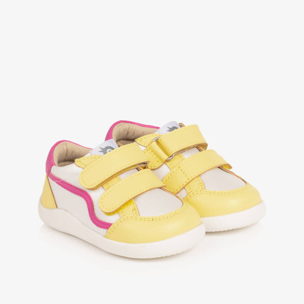 Old Soles-Girls White & Yellow Leather First Walker Trainers | Childrensalon Outlet