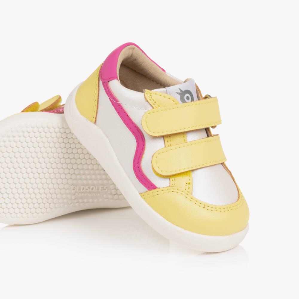 Old Soles-Girls White & Yellow Leather First Walker Trainers | Childrensalon Outlet